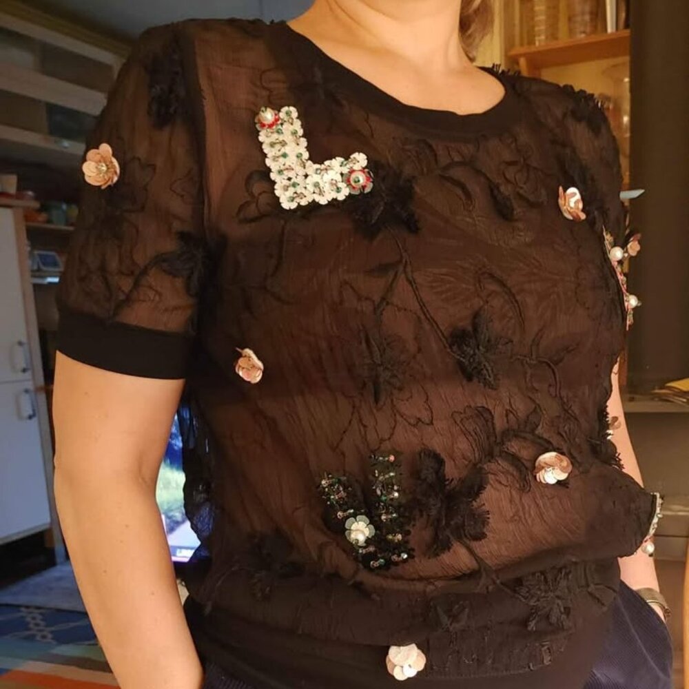 Festive Love Sequins Top Shirt Blouse Women Med Christmas Valentine's Going Out